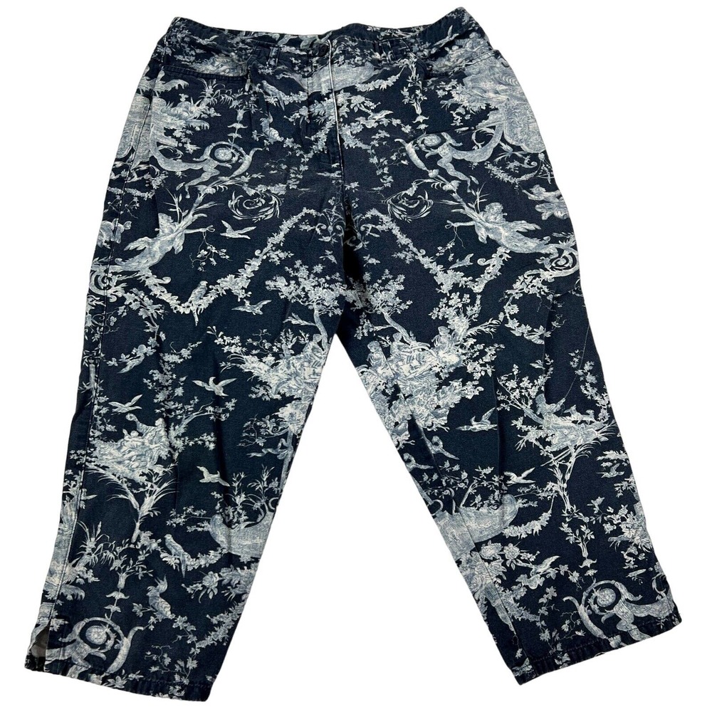 Talbots Petites Cropped Pants Women Navy/White Floral Print Batik Cotton 14